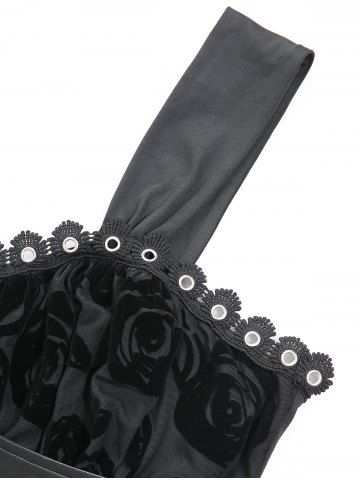 Gothic Plus Size Rose Flowers Flocking Mesh Lace-up Grommets Lace Trim Asymmetrical Tank Top