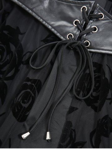 Gothic Plus Size Rose Flowers Flocking Mesh Lace-up Grommets Lace Trim Asymmetrical Tank Top