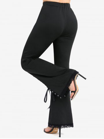 Plus Size Lace Trim Lace-up Split Pockets Solid Flare Pants