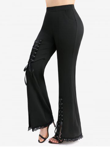 Plus Size Lace Trim Lace-up Split Pockets Solid Flare Pants
