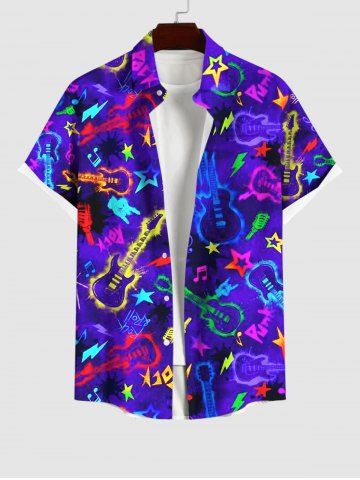 Plus Size Glitter Guitar Star Letters Print Hawaii Button Pocket Shirt For Men - BLUE - 3XL