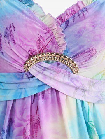 Plus Size Ombre Tie Dye Flocking Bamboo Leaf Crisscross Buckle Ruffles Tank Top