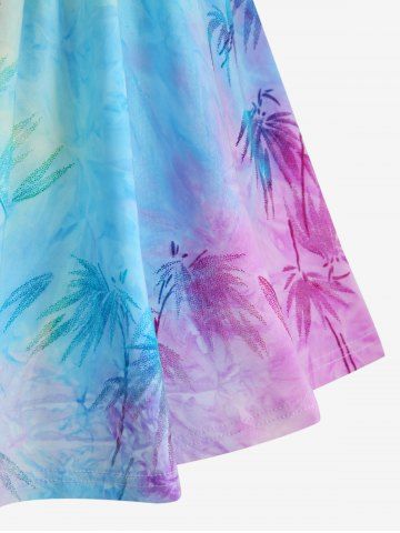Plus Size Ombre Tie Dye Flocking Bamboo Leaf Crisscross Buckle Ruffles Tank Top