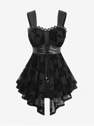 Débardeur asymétrique grande taille à lacets et œillets en maille floquée avec bordure en dentelle et fleurs roses - BLACK - 5X | US 30-32