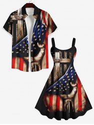 Patriotic American Flag Cross Print Hand Printed Plus Size Matching Outfit For Couples -  