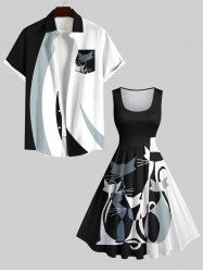 Cat Colorblock Print Plus Size Matching Set For Couples -  