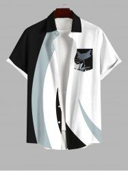 Plus Size Cat Colorblock Striped Print Button Pocket Shirt For Men -  