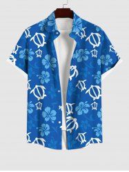 Plus Size Turtle Ombre Floral Print Hawaii Sea Creatures Button Pocket Shirt For Men -  