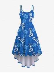 Robe Asymétrique Ligne A Haute Basse Ombré Fleurie Imprimée de Grande Taille - Bleu 3X