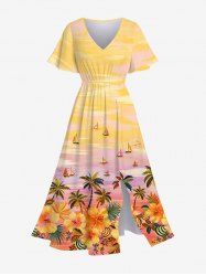 Robe Hawaii Fendue Fleur et Arbre Noix de Coco Imprimés de Grande Taille - Jaune 5X