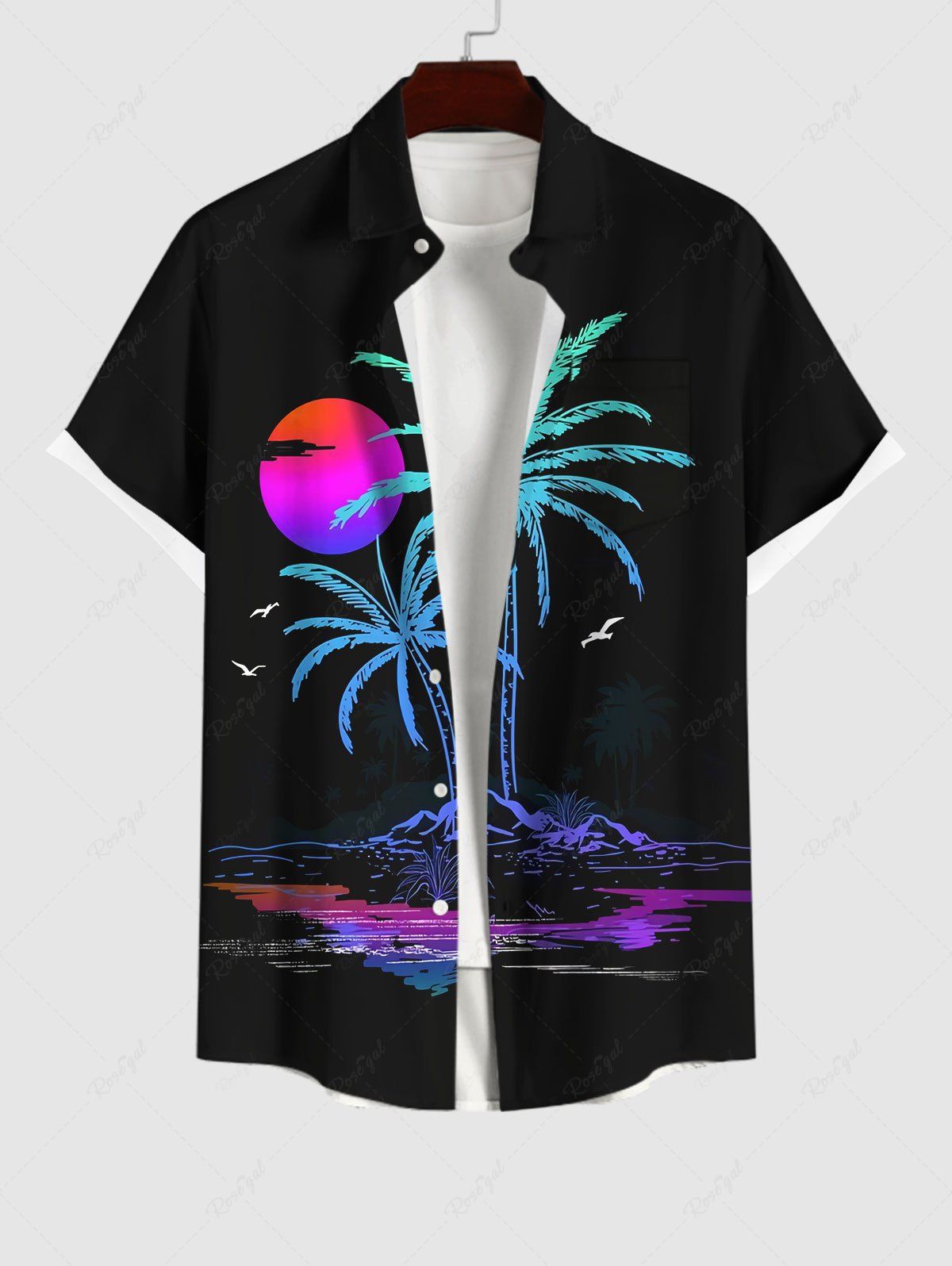 Chemise D'été à Boutons Imprimé Cocotier et Coucher du Soleil pour Homme Multi-A XL