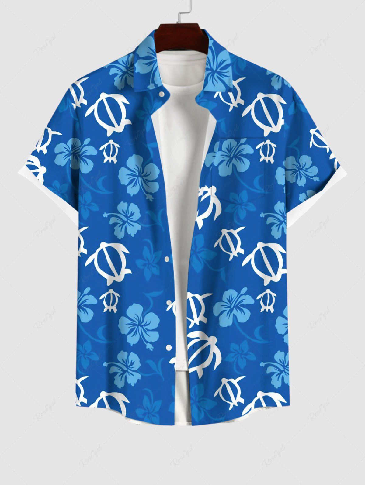 Cheap Plus Size Turtle Ombre Floral Print Hawaii Sea Creatures Button Pocket Shirt For Men  