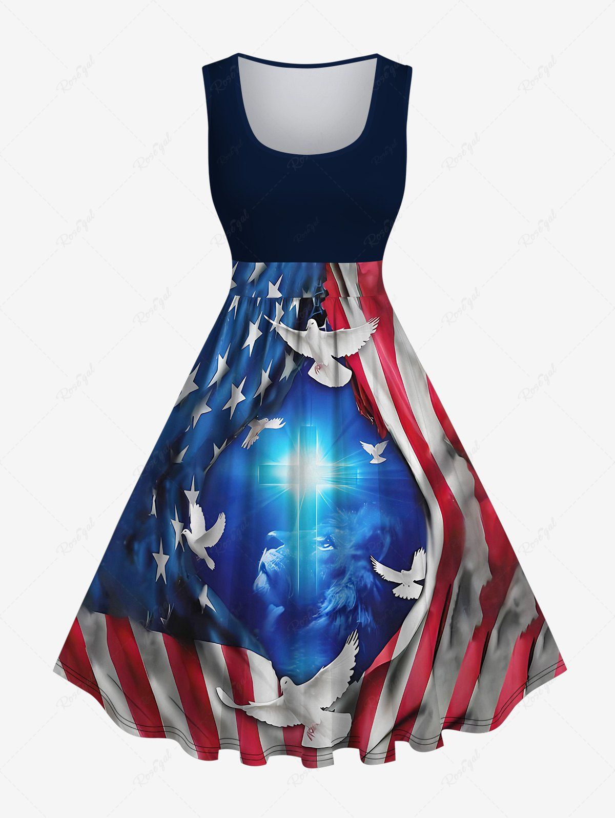 Hot Plus Size Ripped American Flag Lion Glitter Cross Peace Dove Print 1950s Vintage Swing A Line Dress  