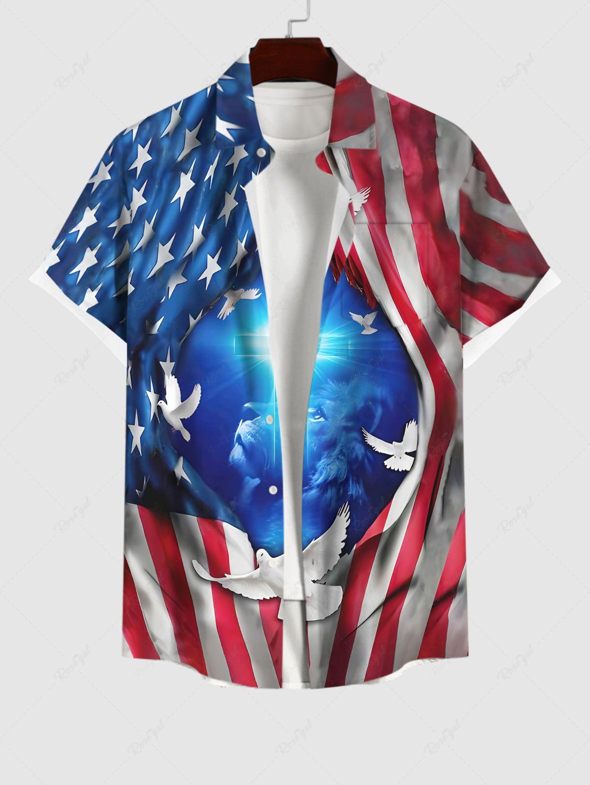 Chemise Boutonnée Déchirée Lion et Drapeau Américain Imprimés avec Poche de Grande Taille à Paillettes Multi-A 4XL