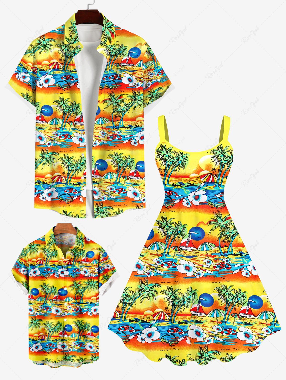 Outfits Coconut Tree Sun Sea Boat Flower Umbrella Ombre Print Plus Size Matching Hawaii Beach Outfit For Family  