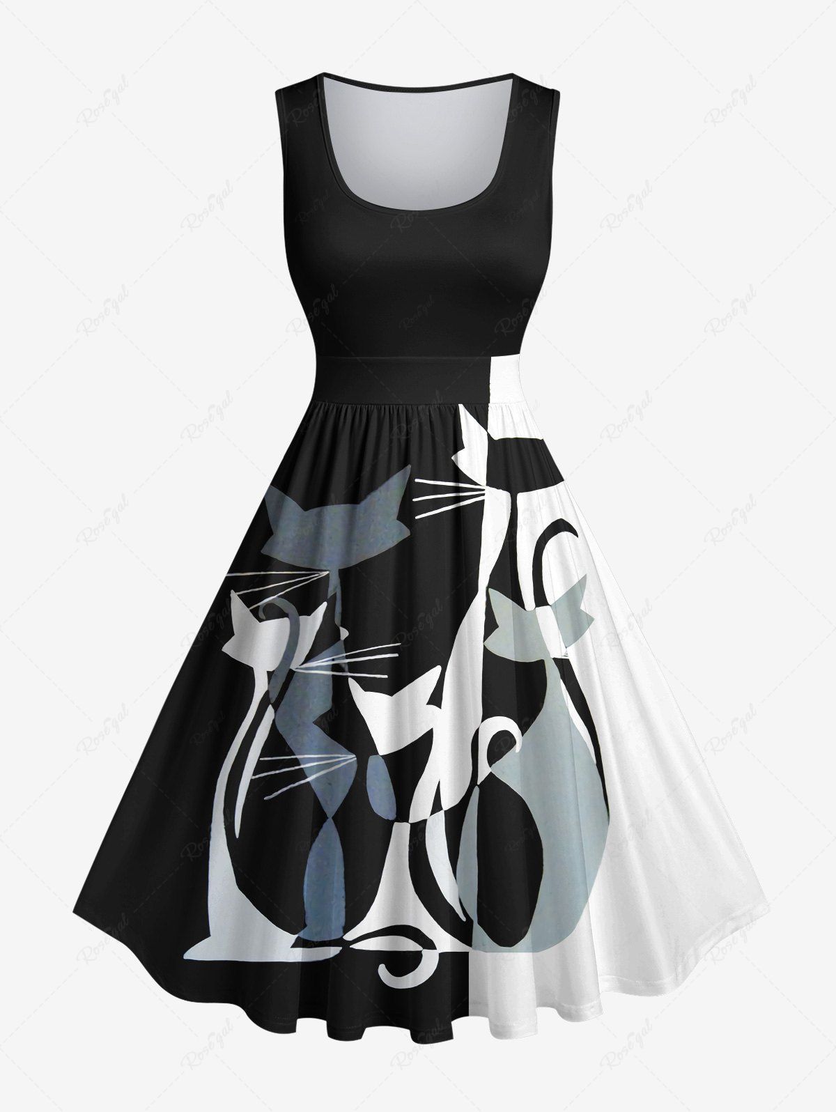 Robe Vintage Trapèze en Blocs de Couleurs Chat Imprimé Grande Taille Multi-A M