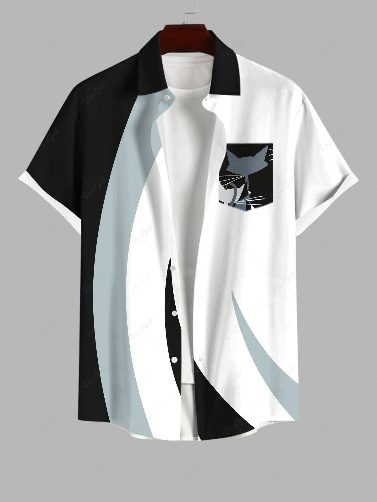 Shop Plus Size Cat Colorblock Striped Print Button Pocket Shirt For Men  