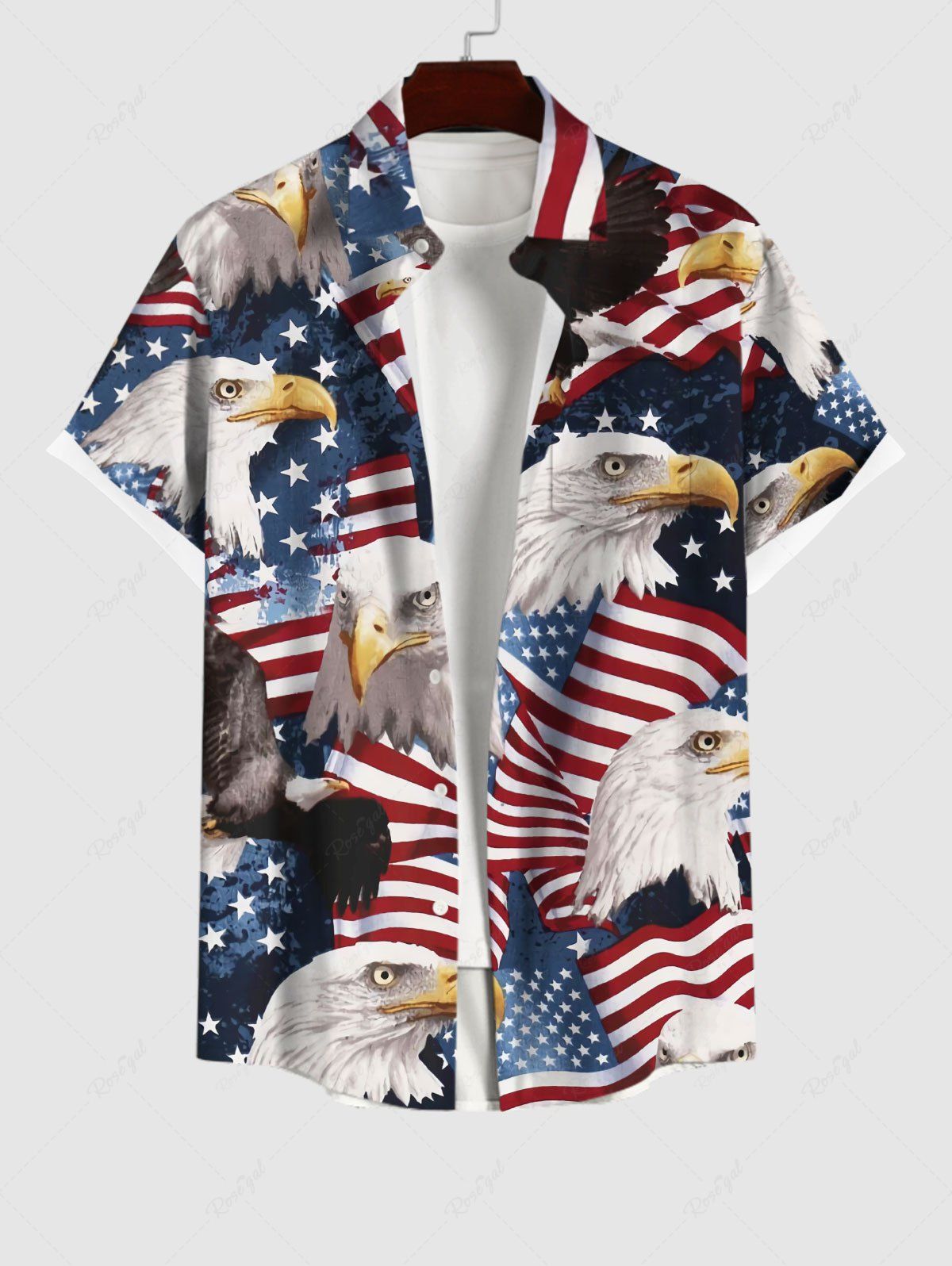 Chemise Drapeau Américain Aigle Imprimé avec Poche de Grande Taille avec Boutons Noir 3XL