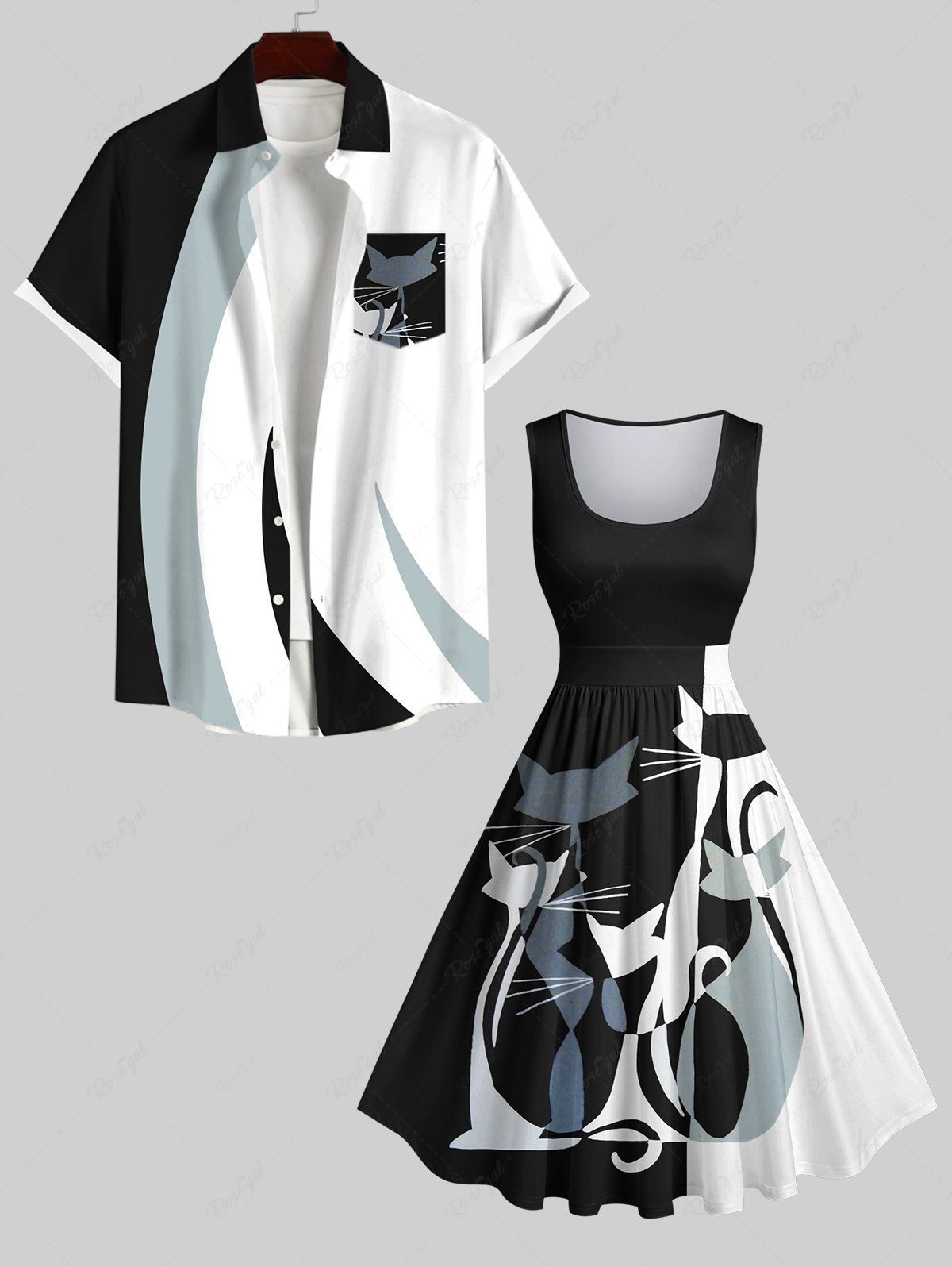 Chic Cat Colorblock Print Plus Size Matching Set For Couples  