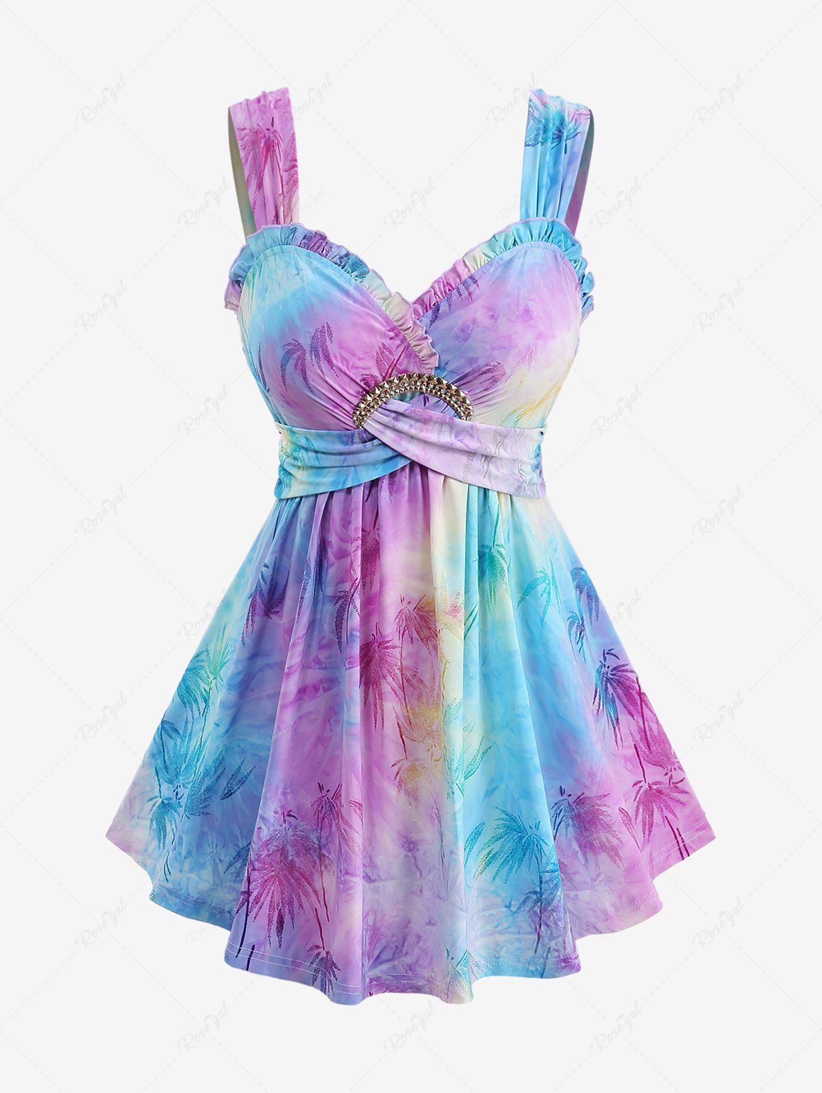 Online Plus Size Ombre Tie Dye Flocking Bamboo Leaf Crisscross Buckle Ruffles Tank Top  
