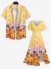 Robe Hawaii Fendue Fleur et Arbre Noix de Coco Imprimés de Grande Taille - Jaune 5X