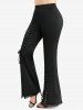Plus Size Lace Trim Lace-up Split Pockets Solid Flare Pants -  