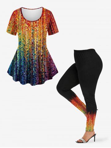 Paint Splatter Sparkling Sequin 3D Print T-shirt and Leggings Plus Size Matching Set - MULTI-A