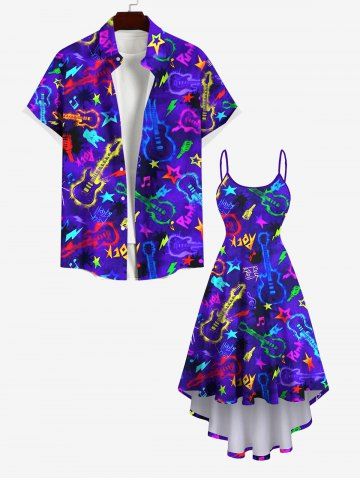 Glitter Guitar Star Letters Print Plus Size Matching Hawaii Beach Outfit For Couples - BLUE