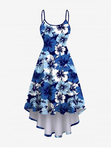 Plus Size Flowers Print High Low Hawaii Cami Dress - BLUE - M