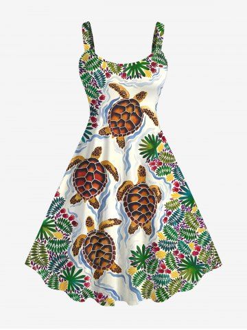 Plus Size Flowers Palm Leaf Turtle Print Hawaii Tank Dress - GREEN - 6X