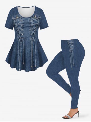 Lace Up Button Pocket Denim 3D Print T-shirt and Leggings Plus Size Matching Set - DEEP BLUE