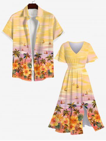 Coconut Tree Flowers Sailboat Ombre Sky Print Plus Size Matching Hawaii Beach Outfit For Couples - YELLOW