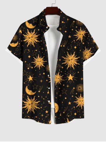 Plus Size Sun Moon Stars Galaxy Print Button Pocket Shirt For Men - BLACK - S