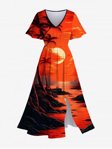 Plus Size Coconut Tree Dusk Sun Mountain Print Split Pocket Hawaii A Line Dress - RED - 1X