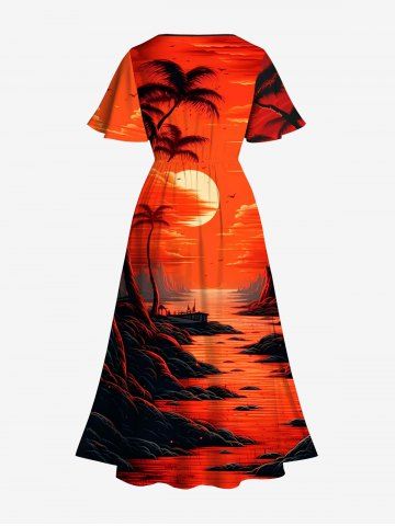 Plus Size Coconut Tree Dusk Sun Mountain Print Split Pocket Hawaii A Line Dress