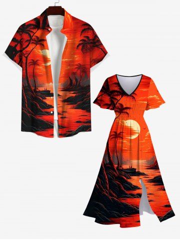 Plus Size Coconut Tree Dusk Sun Mountain Print Split Pocket Hawaii A Line Dress