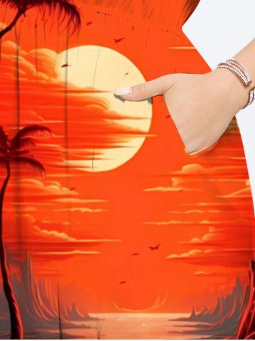 Plus Size Coconut Tree Dusk Sun Mountain Print Split Pocket Hawaii A Line Dress