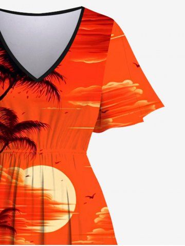 Plus Size Coconut Tree Dusk Sun Mountain Print Split Pocket Hawaii A Line Dress