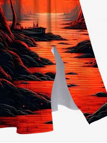 Plus Size Coconut Tree Dusk Sun Mountain Print Split Pocket Hawaii A Line Dress