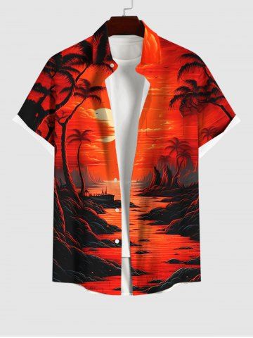 Plus Size Coconut Tree Dusk Sun Mountain Print Hawaii Button Pocket Shirt For Men - RED - 3XL