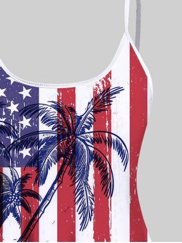 Fashion American Flag Coconut Tree Sea Print Boyleg Tankini Swimsuit (Adjustable Shoulder Strap)