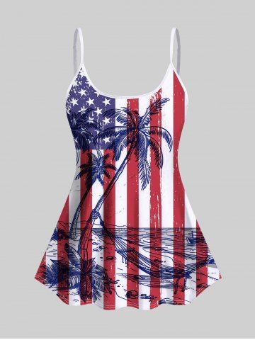Fashion American Flag Coconut Tree Sea Print Boyleg Tankini Swimsuit (Adjustable Shoulder Strap)