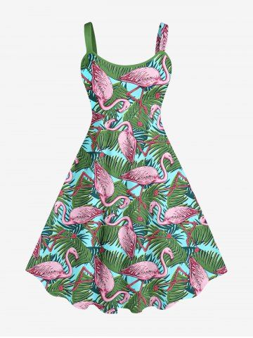 Plus Size Flamingo Coconut Leaves Print Hawaii Backless A Line Tank Dress - GREEN - L