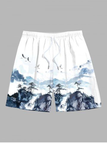 Men's Ink Painting Crane Mountain Pine Tree Print Beach Shorts - MULTI-A - XL