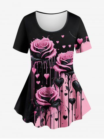 Plus Size Rose Flower Heart Paint Drop Blobs Colorblock Print T-shirt - BLACK - 3X