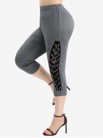 Plus Size Floral Lace Patchwork Lace-up Side Heathered Capri Leggings - GRAY - M | US 10