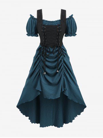 Plus Size Medieval Renaissance Lace Up Ruffles Ruched Cinched High Low Crepe Midi Dress