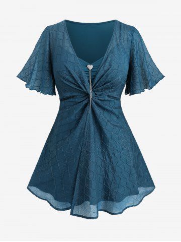 Plus Size Twist Ruffles Ruched Heart Buckle Chiffon Embossed Glitter Textured Blouse - BLUE - L | US 12