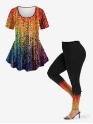 Paint Splatter Sparkling Sequin 3D Print T-shirt and Leggings Plus Size Matching Set -  