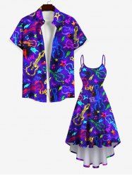 Glitter Guitar Star Letters Print Plus Size Matching Hawaii Beach Outfit For Couples -  